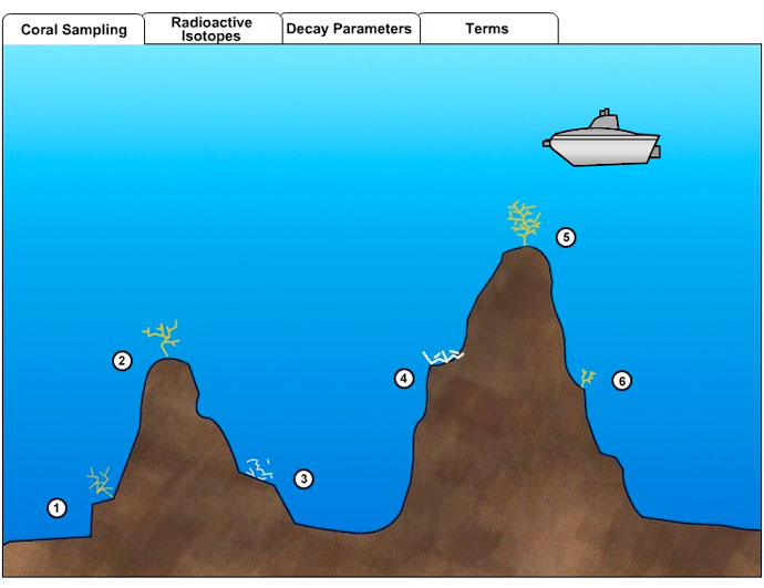 Use your submersible to travel about the seamount and drill samples from the skeletons of living and dead corals. Then calculate either the percentages or ratio of parent to daughter isotopes from the isotopic data measured in each sample. Use the decay parameters chart to translate those figures into the number of half-lives that have elapsed. Multiply that by the length of a half-life for that isotope page to determine the age of the coral.