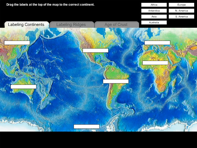 This activity consists of naming the continents, identifying mid-ocean ridges, and determining the age of the ocean floor.
