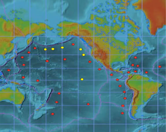 Yellow dots mark the location of existing DART buoys. Red dots are buoys proposed for an expanded tsunami monitoring system.