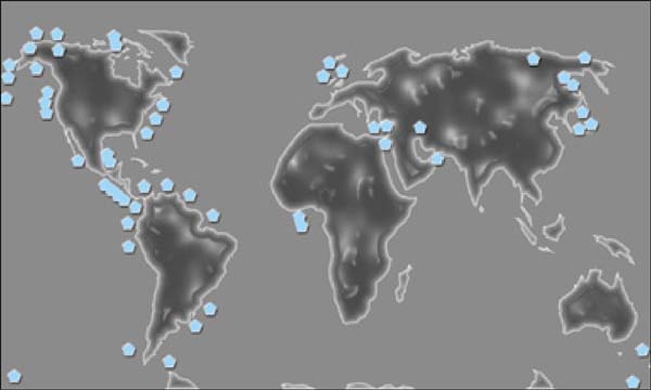 A global view of areas where methane hydrates are believed to reside among seafloor sediments and within permafrost.