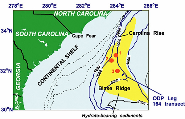 Map showing the area where gas hydrates occur