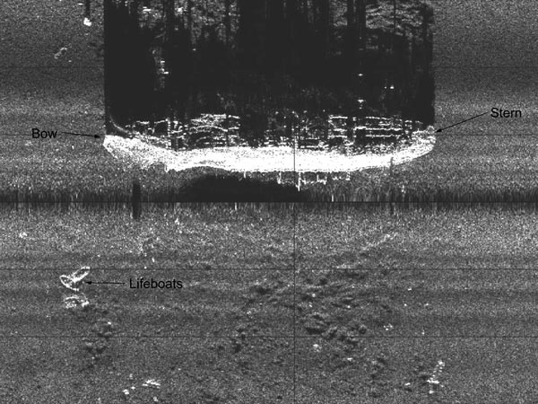 A side-scan sonar image of the passenger freighter Robert E. Lee.