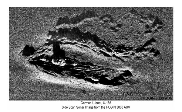 A side-scan sonar image of the German U-boat U-166.