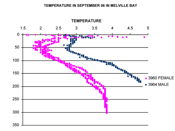 Temperature casts taken from narwhals in Melville Bay in September.