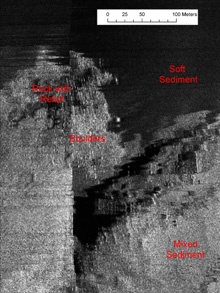 Example of side scan sonar image indicating presence of several substrate types