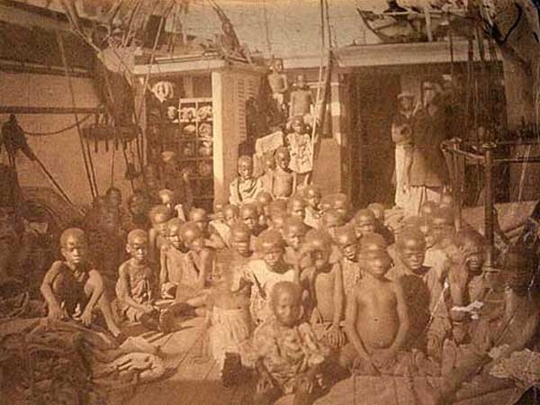 This image is one of the earliest photographs of Africans being 'rescued from a slave ship by the British Royal Navy.'