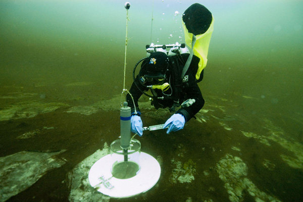 At the Middle Island Sinkhole, TBNMS diver Joe Hoyt, sets up a respiration chamber experiment near the purple microbial mats.
