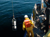 A CTD (conductivity, temperature and depth) sensor is deployed near the Middle Island Sinkhole.