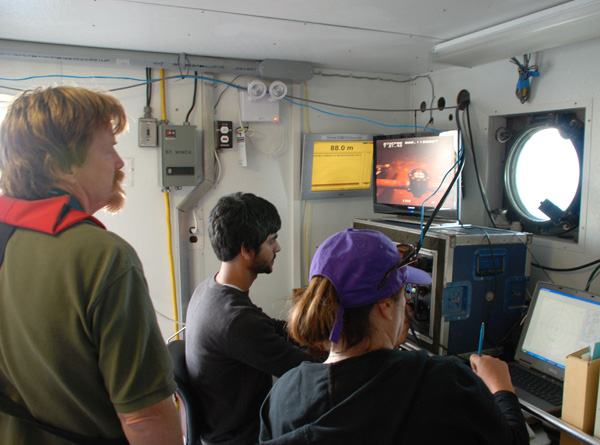 Experiencing data collection first hand, Susan Gottfried watches the piloting of the Phantom ROV. 