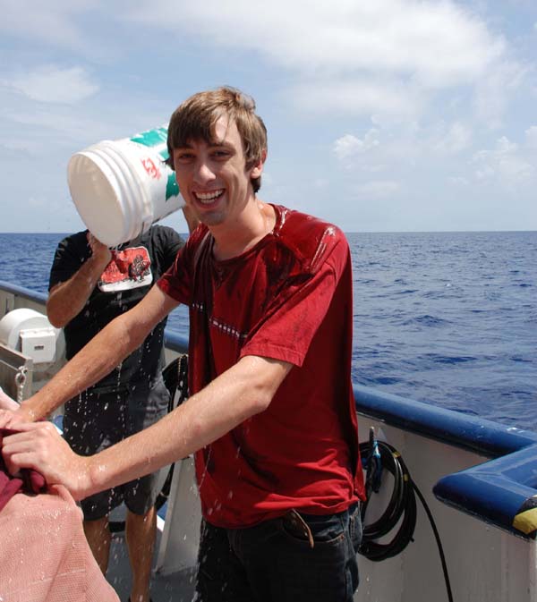 Marine Biologist undergraduate student gets doused with sea water by Dr. Steve
Haddock after his first submersible dive experience.