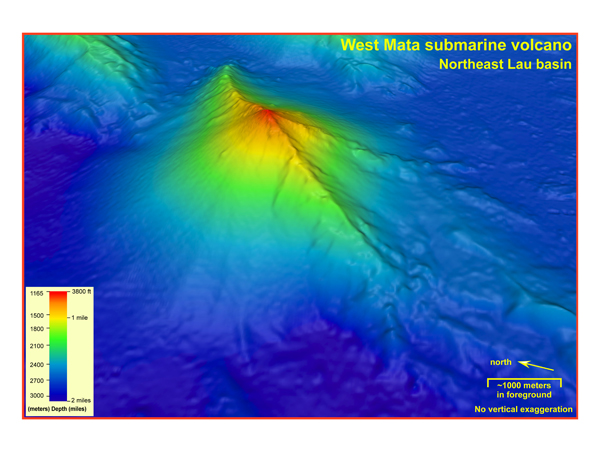 The summit of the West Mata Volcano, shown here in red, is nearly a mile below the ocean surface (1165 meters / 3882 feet), and the base, shown in blue, descends to nearly two miles (3000 meters / 9842 feet) deep. 