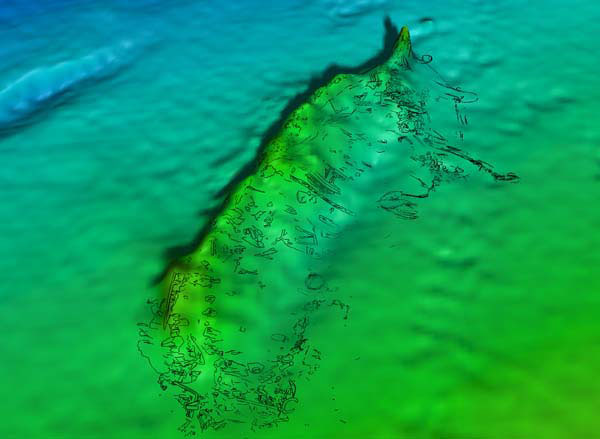 Viosca Knoll Wreck site drawing draped over the multibeam bathymetry image.