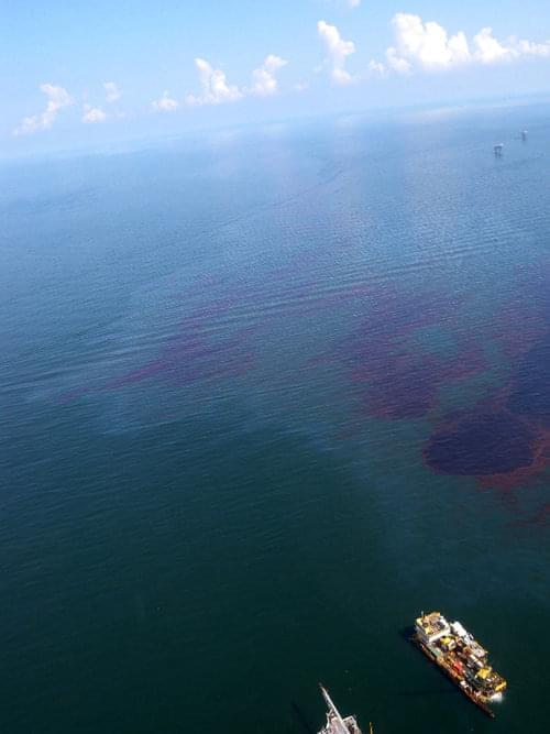 Photo taken on May 27 near the Deepwater Horizon spill convergence zone, showing dark brown and red emulsion oil. Good baseline data of natural ecosystems is crucial to assessing the impact and potential recovery of areas affected by the spill.