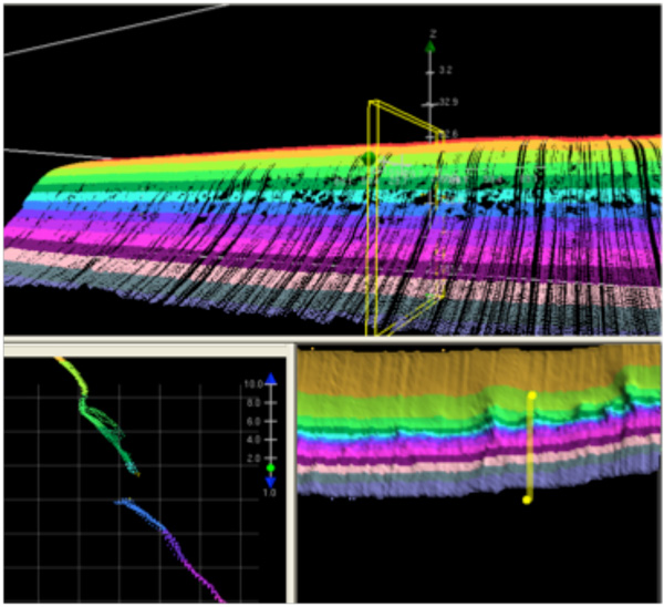Challenger Bank as seen in CARIS subset mode showing point cloud data in 3D mode, profile and plan views. Note deeply incised overhang with undercut floor in profile view (lower left) suggestive of a cave entrance. Profile slice is only a few meters across. This opening is 7 m tall. Also note numerous “voids” or dark holes without data in the 3D point cloud view of the slope in the top frame. Each of these features were inspected, measured and catalogued as potential candidates for ROV dive targets.