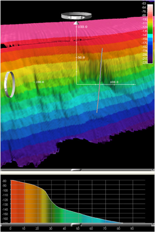 Multibeam bathymetry data gridded at 2m cell size of a submarine landslide escarpment discovered on the eastern edge of the Challenger Bank platform rendered in 3D shaded relief, colored by depth in (top), and in profile (bottom) using IVS Fledermaus software. Position and extent of the profile across the escarpment face is indicated by the polyline in the upper image. All dimensions are in meters.