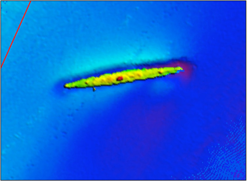 This high-resolution multibeam sonar image shows a shipwreck on the continental shelf near Norfolk Canyon.