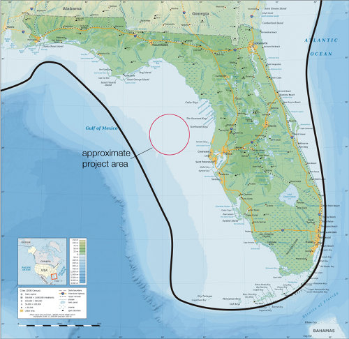 A modern map of Florida shows (with a dark line) the approximate location of the Last Glacial Maximum (LGM) coastline. During the Late Pleistocene, Florida's shoreline extended much farther offshore than the present coast. The general project area is indicated.