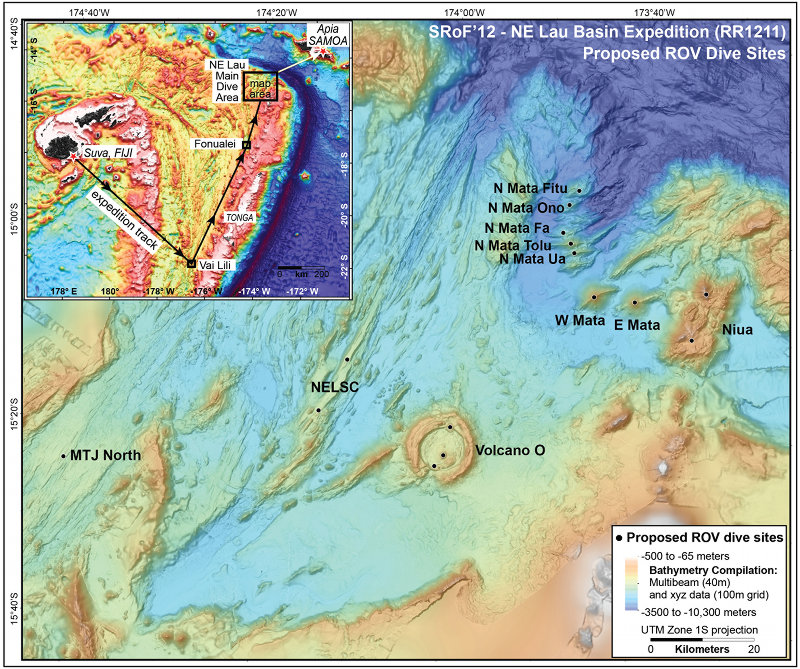 The inset in the top left shows the SRoF’12 - Northeast Lau Basin proposed remotely operated vehicle dive sites and expedition track.