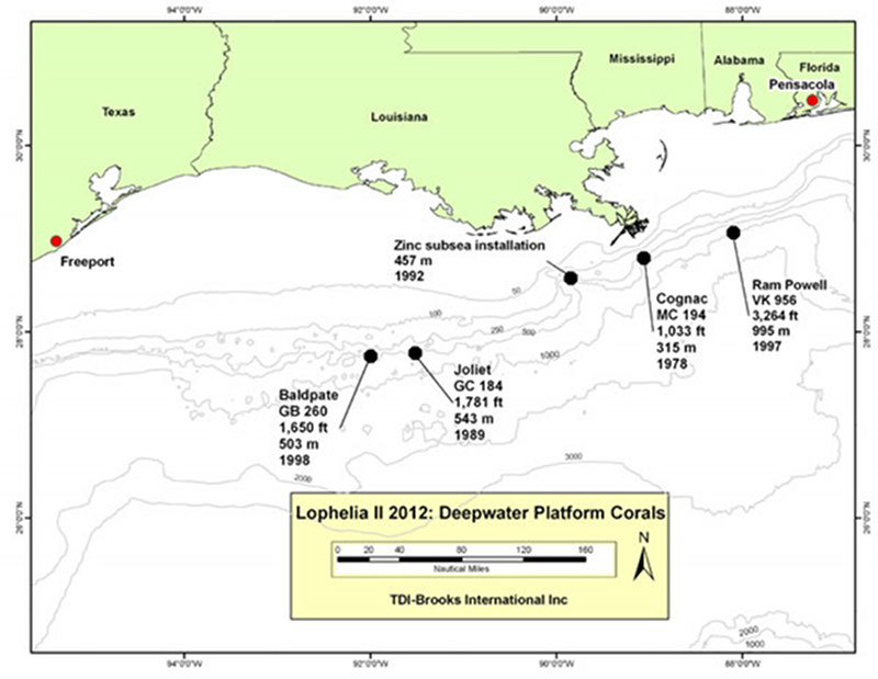 Map displaying Gulf of Mexico deepwater oil and gas platforms targeted for study during the expedition.