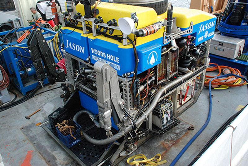 The Jason remotely operated vehicle (ROV) sits on the aft deck of the Ron Brown.