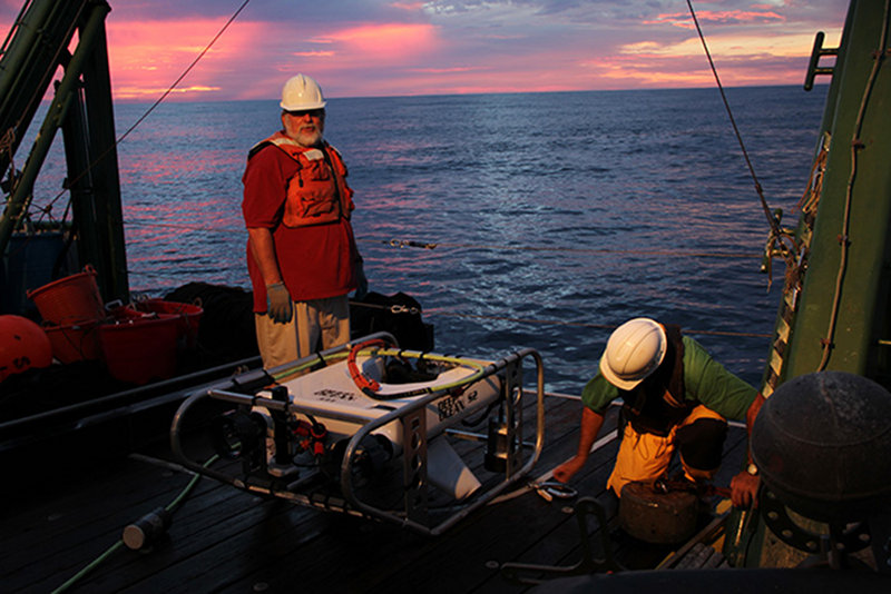 The end of the day's ROV operations were marked by a deep red sunset and calm sea.