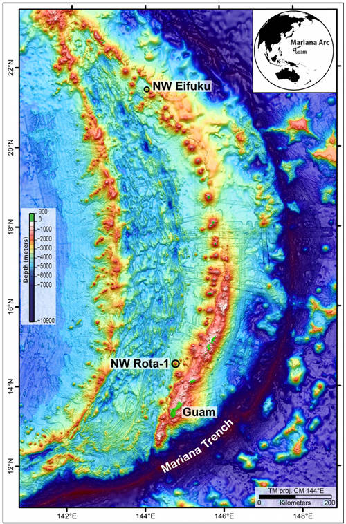 Bathymetric map of the Mariana Arc area showing the location of the two focus sites on the expedition.