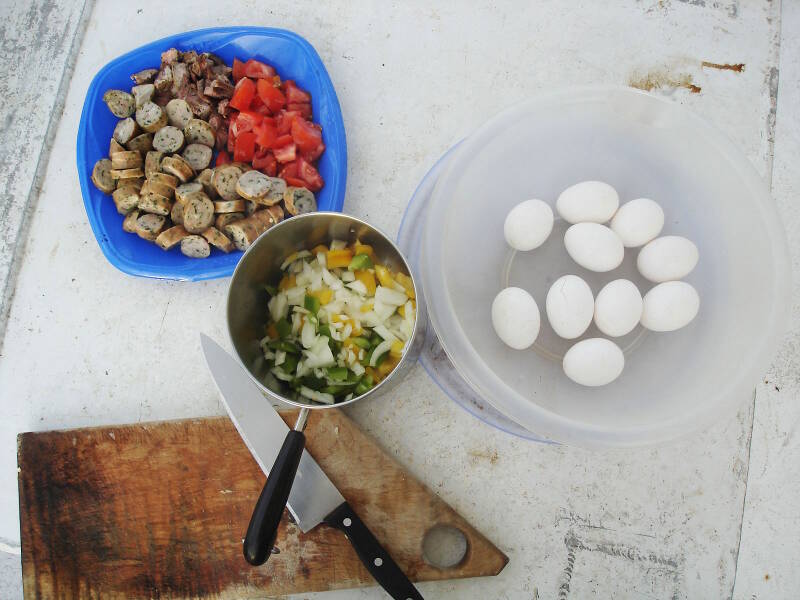The prepared ingredients for today’s breakfast, “Slophole,” a Roper tradition.