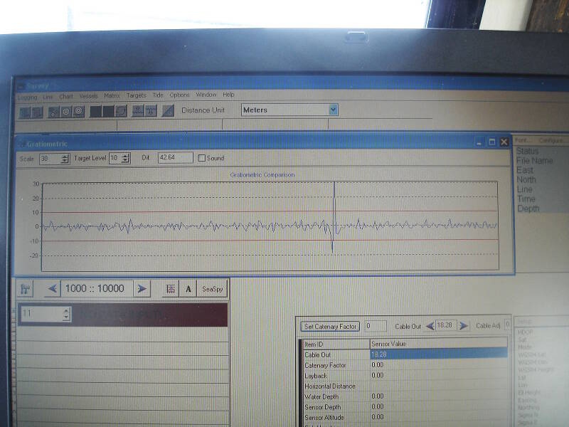 Another magnetic anomaly, also in the form of a dipole, visible in the line of data on Lane 30.