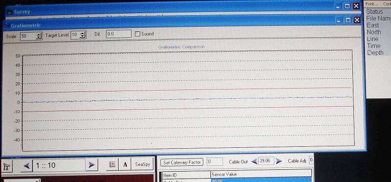This is a close-up view of the magnetometer computer screen. It shows a graphic display much like an EKG machine in a hospital. The flatline in this image indicates there is no ferrous material (steel or iron) underneath the magnetometer sensor head.