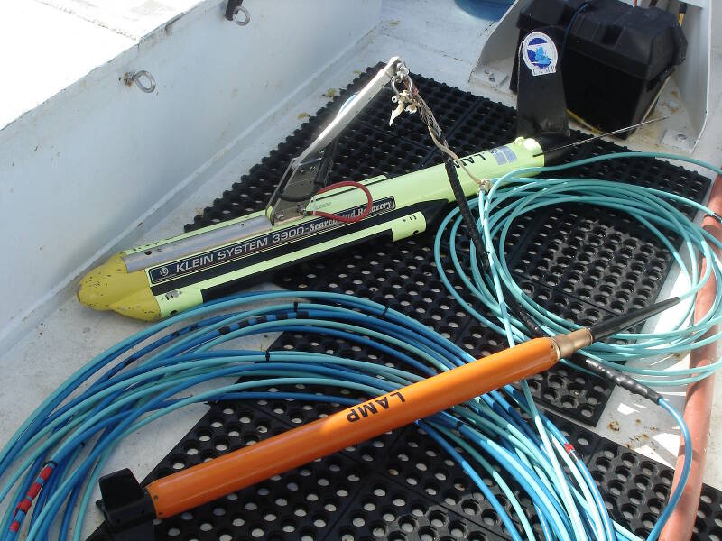 Sidescan sonar fish, a Klein System 3900, and the Marine Magnetics Explorer Mini-Magnetometer.