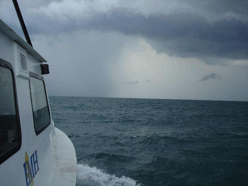 As the Roper heads home for St. Augustine, she weathers a late afternoon Florida thunderstorm.