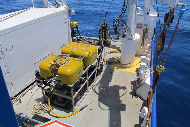 The ROV Global Explorer prepared to be dropped into the Gulf of Mexico.