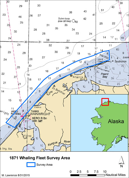 This map shows the area that was surveyed during the Search for the Lost Whaling Fleets expedition.