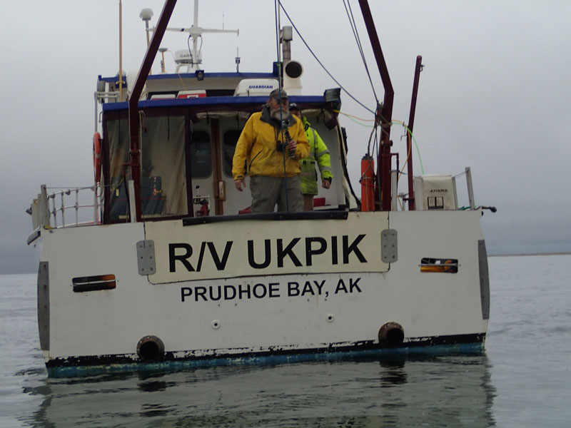 Encountering polar bears along the beach of the survey area was an ever­present danger whenever people were sent ashore. Scientists and crew aboard R/V Ukpik keep a close watch over the shore party deploying the magnetometer base station until they return.