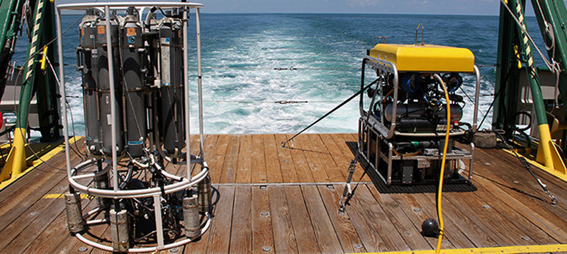 The Mohawk ROV (right) shares the deck with a CTD rosette.