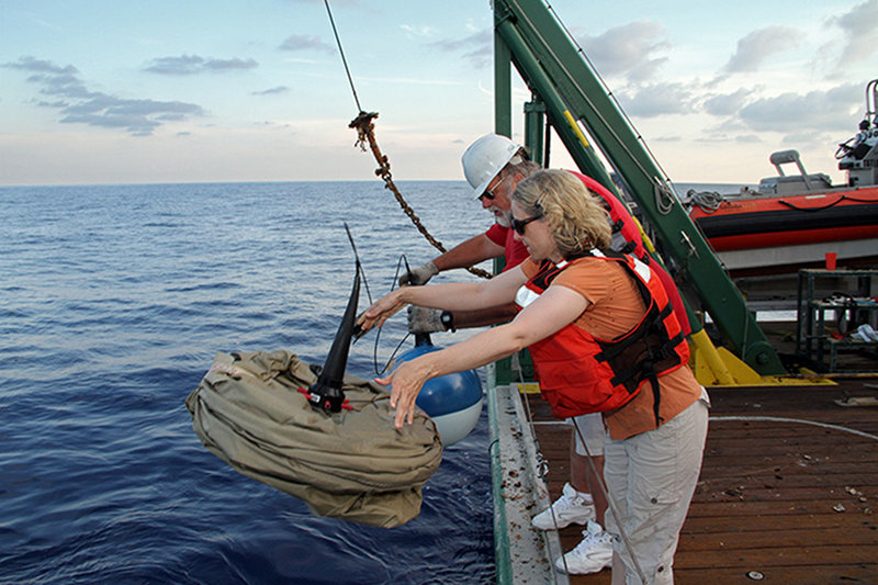 Deploying a satellite-tracked surface drifting buoy. 
