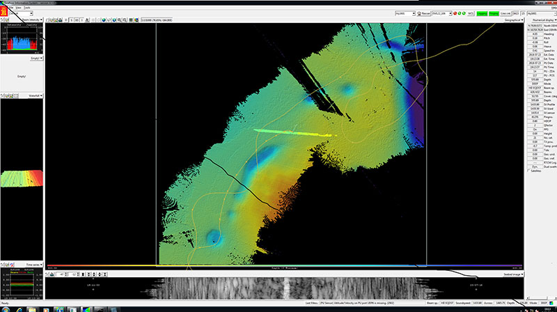 This is an example of a great multibeam pass over one of our pockmark stations. Pockmarks are craters on the ocean floor created by fluids erupting through the sediment.