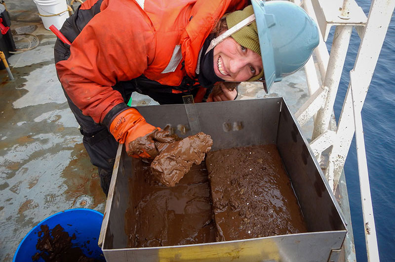Angie Gastaldi measures and separates the different layers of the box core’s sample to prepare for sieving.
