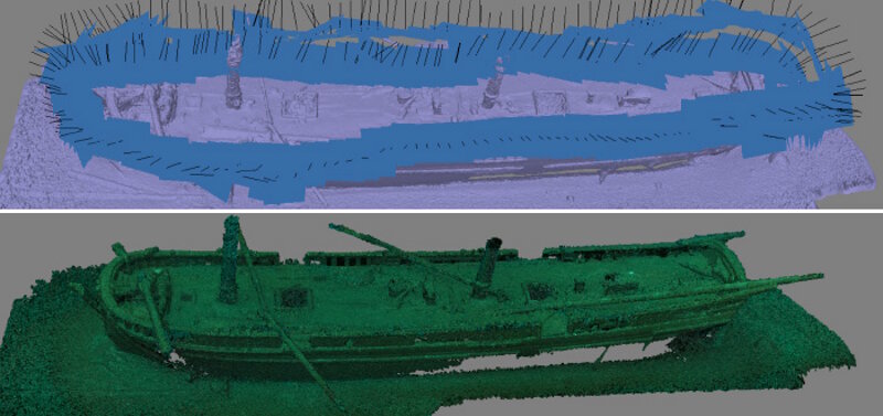 Camera positions and dense point cloud model of a shipwreck.