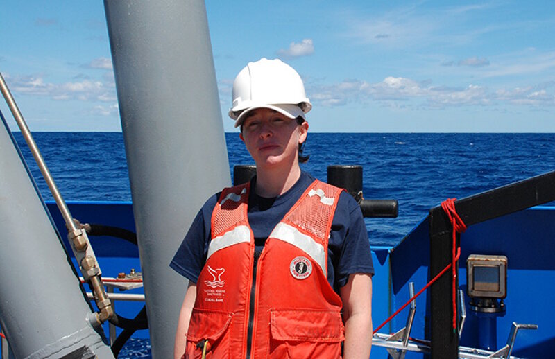 Archaeologist Brandi Carrier aboard the R/V Baseline Explorer participating in the Battle of the Atlantic expedition.