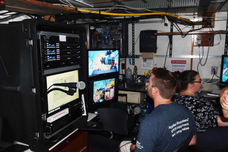 PhD Candidate Michael Studivan using the ROV toolsled controls to collect corals, sponges, algae, and carbonate rocks for taxonomic identification and genetic research into connectivity across mesophotic coral reefs in Cuba and the U.S.