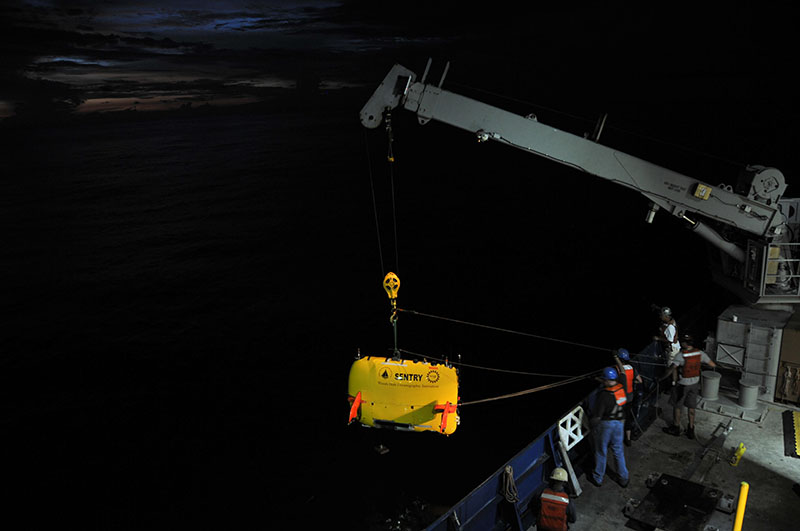 AUV Sentry being recovered during a recent cruise near Costa Rica.
