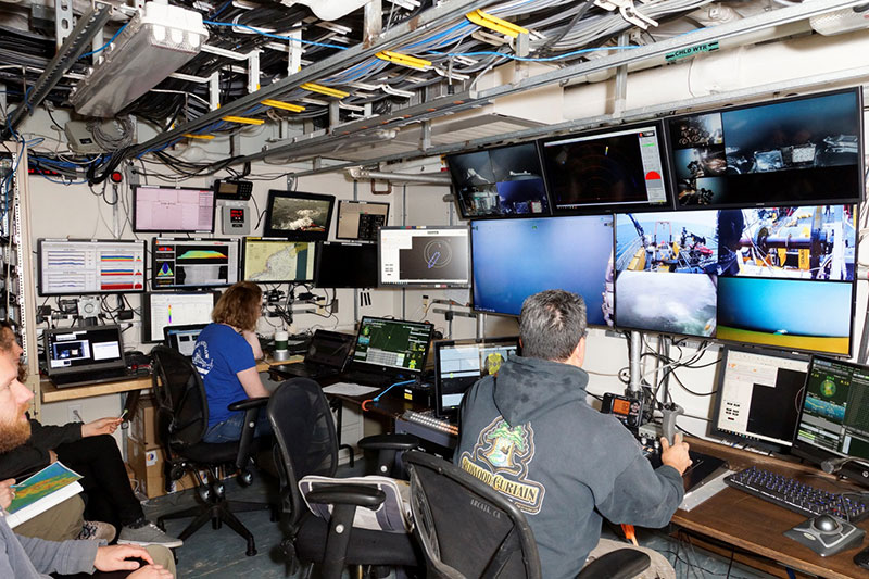 The remotely operated vehicle ROPOS control room on board NOAA Ship Henry B. Bigelow.
