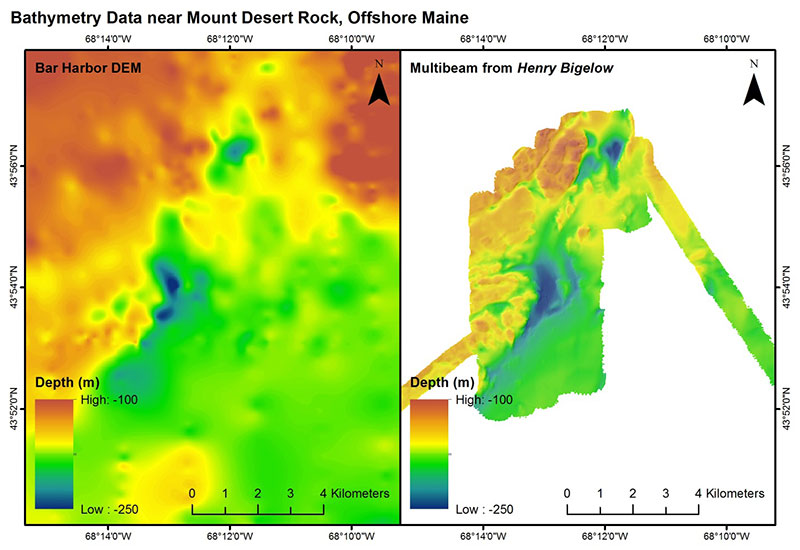 Multibeam bathymetric maps of the seafloor near Mount Desert Rock in the Gulf of Maine, an area that has known coral gardens. Map on the left is an older multibeam map of the area; the higher resolution, more detailed map on the right is the result of the latest multibeam mapping by the Bigelow. Warmer colors (reds) indicate higher topographic relief (shallower depths, and often an indication of hard bottom), colder colors (blue) indicate lower topographical relief (deeper depths, and often an indication of soft or muddy bottoms). Deep-sea corals gardens in the Gulf of Maine tend to be found in areas of higher topographic relief.