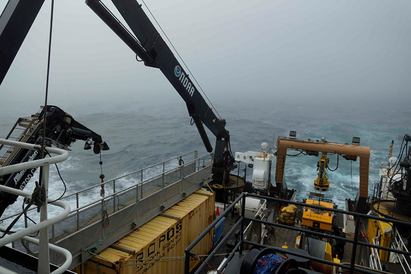 Rough seas and winds in the Gulf of Maine bring remotely operated vehicle operations to a halt.