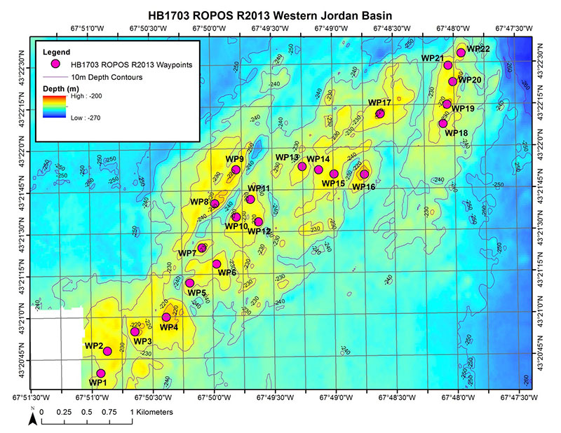 Example of a day’s dive plan map for a ROPOS survey, Western Jordan Basin, Gulf of Maine. “WP” means waypoint along a transect.