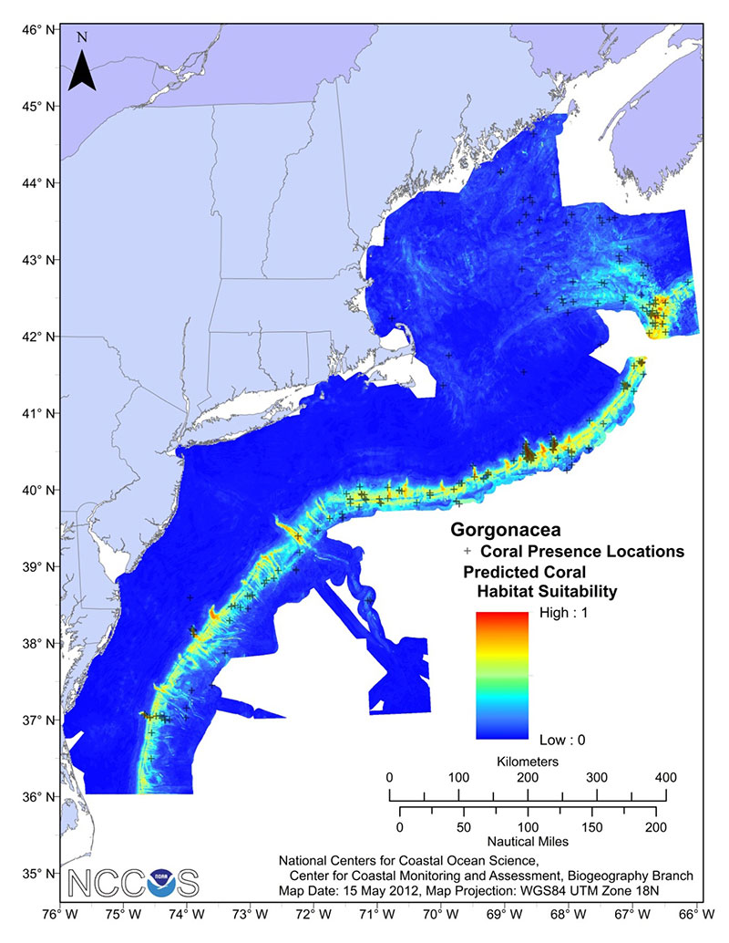 Example of a habitat suitability model for gorgonian (sea fan) deep-sea corals in the Northeastern U.S. region. Warm colors (e.g., red) denote areas predicted to be more suitable coral habitat and cooler coolers (e.g., blue) denote areas predicted to be less suitable coral habitat. Crosses represent coral presence records used in generating the model. 