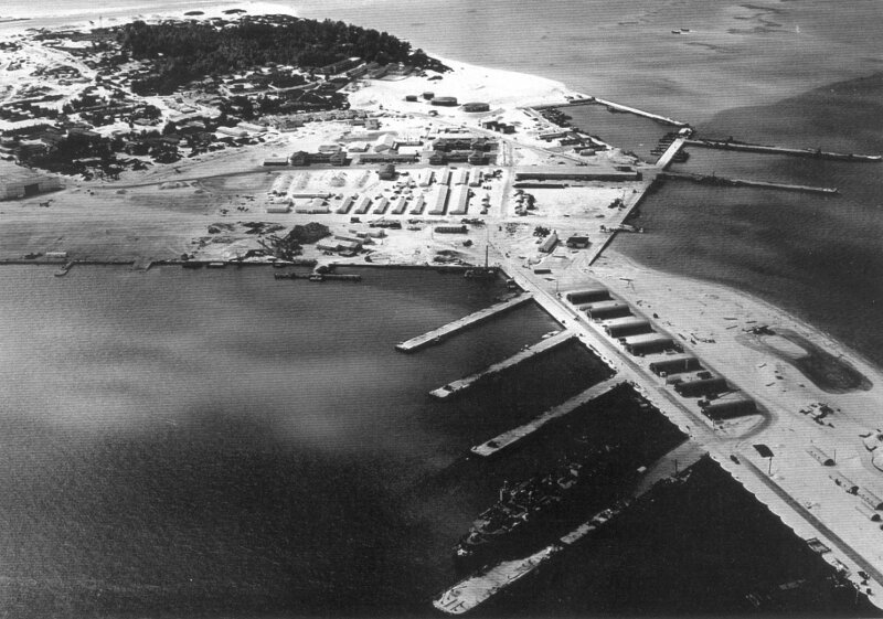 Aerial view of Midway Atoll in 1945.