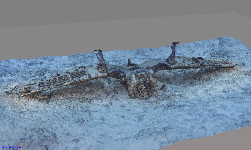 An example of photogrammetry work of an upside down F4U Corsair at Midway Atoll.