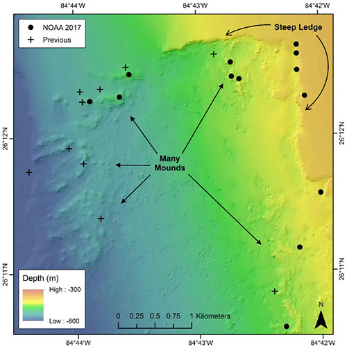 Map showing topography and remotely operated vehicle (ROV) dives within the Many Mounds site on the West Florida slope (see the mission plan map for site context). Color indicates depth, with orange showing the major ledge feature at about 400 meters and blue leading deeper. Crosses indicate previous ROV dive start points, and dots show waypoints of four dives with ROV Odysseus, operated by Pelagic Research Services, and launched from NOAA Ship Nancy Foster in August 2017. The illustrated area covers approximately half of the area proposed as a Habitat Area of Particular Concern.